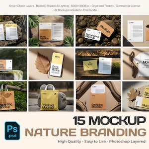 May include: A collection of 15 mockup templates for branding, featuring various items like paper bags, tote bags, business cards, and a t-shirt. The mockups are displayed with natural elements, including leaves and stones, with the text "NATURE BRANDING".
