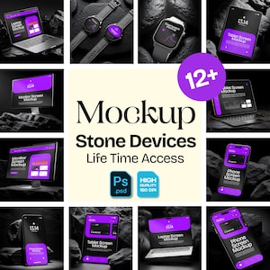 Puede incluir: Imagen promocional de maquetas de dispositivos digitales, incluyendo un portátil, una tableta, un teléfono, un reloj inteligente y un monitor, con pantallas moradas. La imagen incluye el texto "Mockup Stone Devices Life Time Access" y "12+".