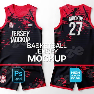 Basketball Jersey PSD Mockup Front Back View | Red Black Sports Uniform Template | Editable Tech Pack for Photoshop | PSD Smart Object