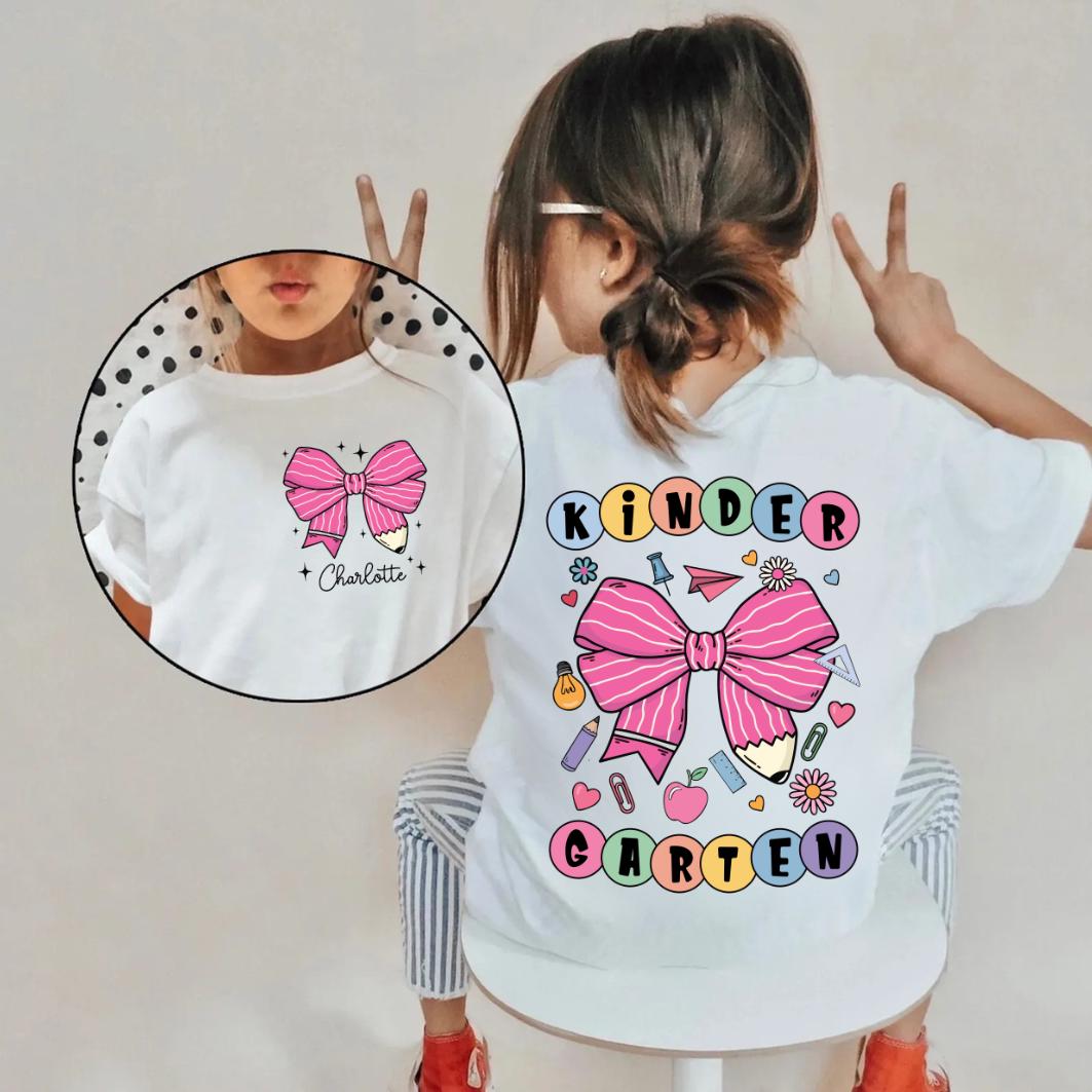 Personalized Kindergarten Girl Shirt, Custom Name Back to School Tee, Coquette Pink Bow Pencil Shirt, Cute First Day of School Outfit