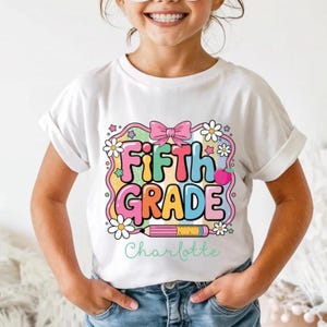 Custom Name Fifth Grade Coquette Pink Shirt for Girls, Cute First Day of School Shirt, 5th Grade Back to School Outfit, Girly Day Tee