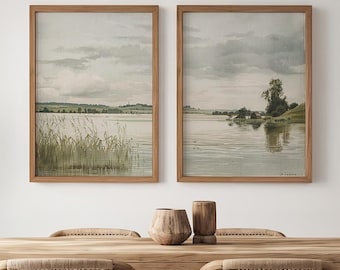 Set di 2 stampe di paesaggi lacustri: Riflesso rustico di campagna (Download digitale)