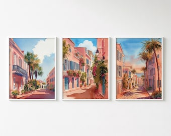 Set of 3 Charleston South Carolina Watercolor Prints: Romantic Coastal Streetscape Art (Digital Download)