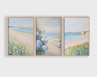 Set of 3 Coastal Art Prints: Pastel Beach Landscape and Hydrangea Garden (Digital Download)