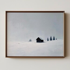 Nordic Snow Landscape Wall Art - Minimalist Winter Cabin Print, Modern Scandinavian Lodge Painting, Digital Winter Artwork