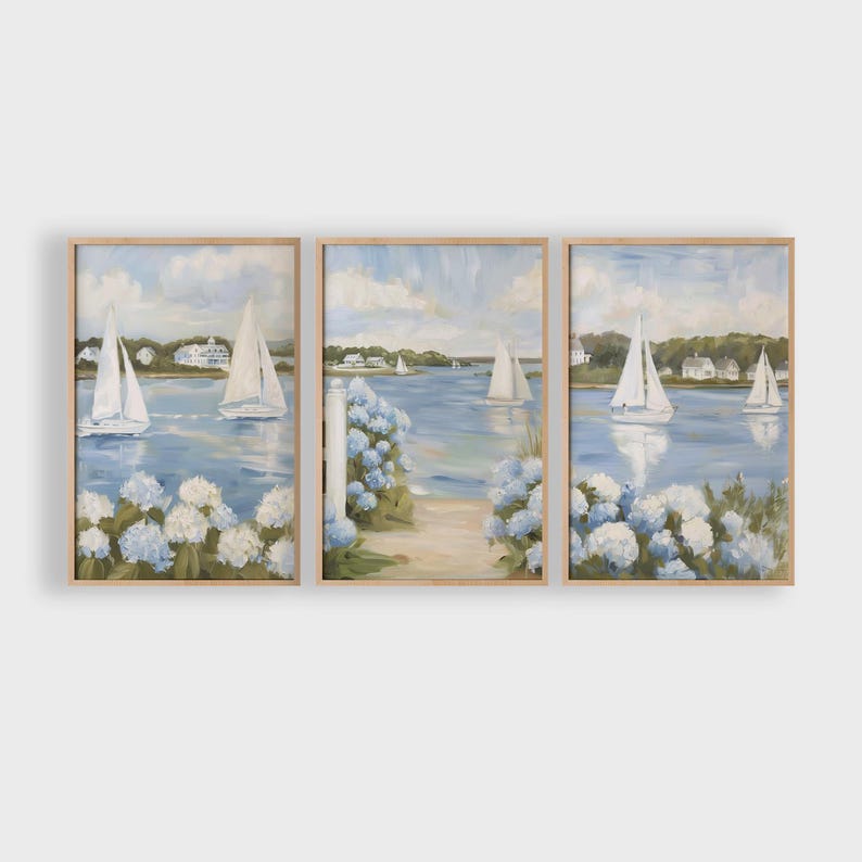 Impressionist-style coastal painting featuring white sailboats on calm water, blue and white hydrangeas in the foreground, and seaside cottages under a bright sky - soft pastel tones, peaceful atmosphere.