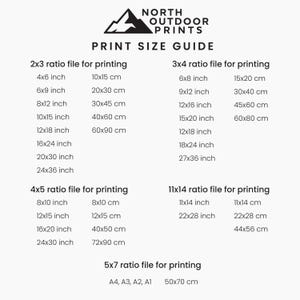 May include: Print size guide with various aspect ratios and dimensions in inches and centimeters. Includes sizes for 2x3, 3x4, 4x5, 11x14, and 5x7 ratios. The North Outdoor Prints logo is at the top.