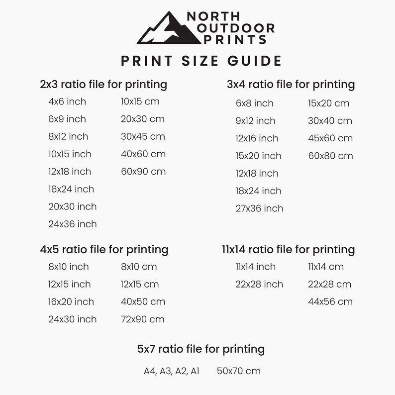 May include: Print size guide with various aspect ratios and dimensions in inches and centimeters. Includes sizes for 2x3, 3x4, 4x5, 11x14, and 5x7 ratios. The North Outdoor Prints logo is at the top.