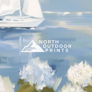 May include: An abstract painting featuring a sailboat on a blue sea with white sails. The artwork has a textured, brushstroke style. The text "NORTH OUTDOOR PRINTS" is displayed in white.