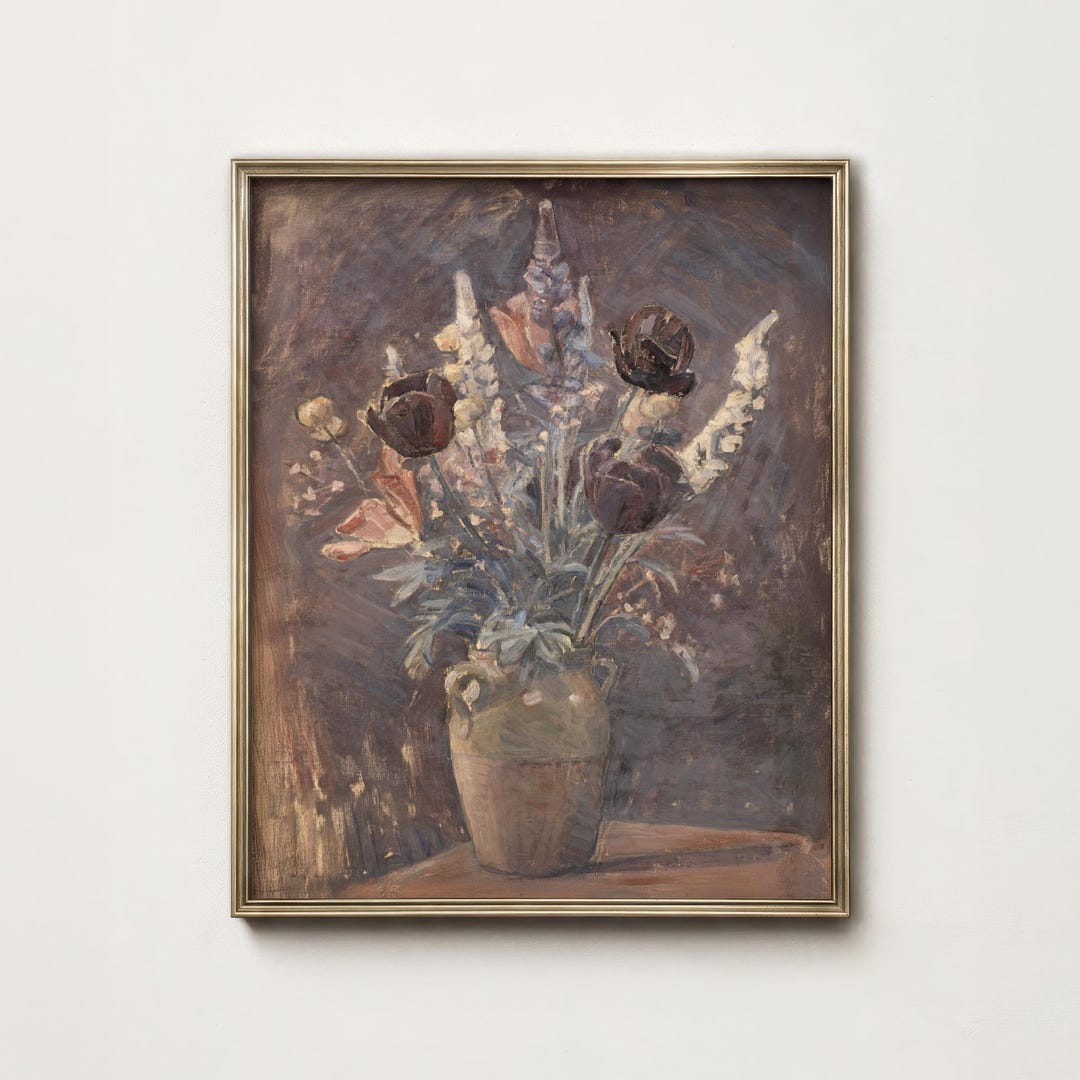 Antique Floral Still Life Painting: Vintage Vase Flower Arrangement Art ...