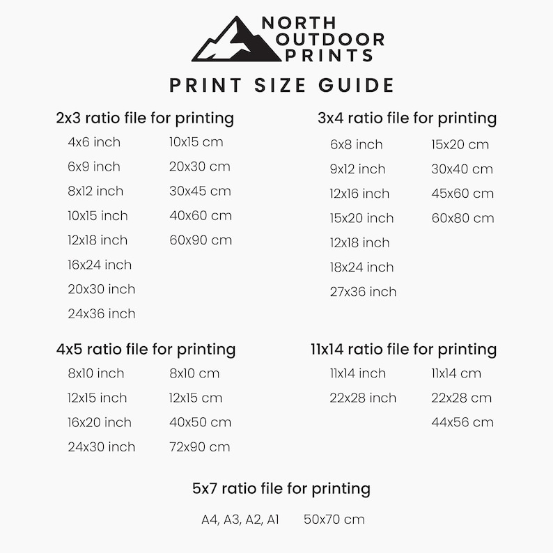 May include: Print size guide with various aspect ratios and dimensions in inches and centimeters. Includes sizes for 2x3, 3x4, 4x5, 11x14, and 5x7 ratios. The North Outdoor Prints logo is at the top.