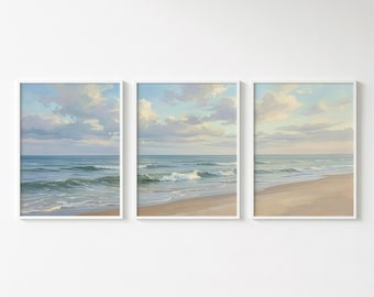Set of 3 Ocean Beach Triptych Prints: Soft Coastal Landscape Wall Art (Digital Download)