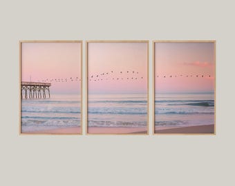 Set of 3 Coastal Sunset Prints: Pastel Ocean Scene with Flying Birds (Digital Download)