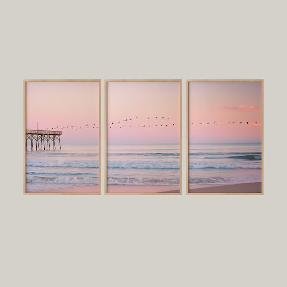 Set of 3 Coastal Sunset Prints: Pastel Ocean Scene with Flying Birds (Digital Download)