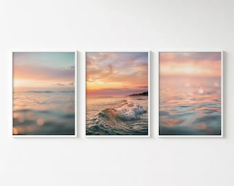 Set of 3 Ocean Sunset Prints: Soft Pastel Coastal Wall Art Photography (Digital Download)