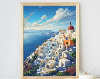 Impresión digital de Grecia, póster de viaje, arte mural de Grecia, arte de Santorini, decoración costera, arte de las islas griegas