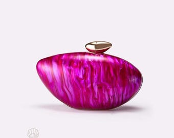 Fuchsia Pink Resin Clutch | Sculptural Acrylic Evening Bag, Emerald Green Purse, Marbled Hard Case Clutch | Wedding Guest Bag