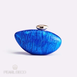 Sapphire Blue Resin Clutch | Sculptural Acrylic Evening Bag, Dark Blue Purse, Marbled Hard Case Clutch | Wedding Guest Bag