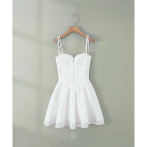 White Lace Corset Sundress | Mini Spaghetti Strap Dress | Cottagecore Bridal Summer Dress | Romantic Lace Trim Dress | Girly Holiday Dress