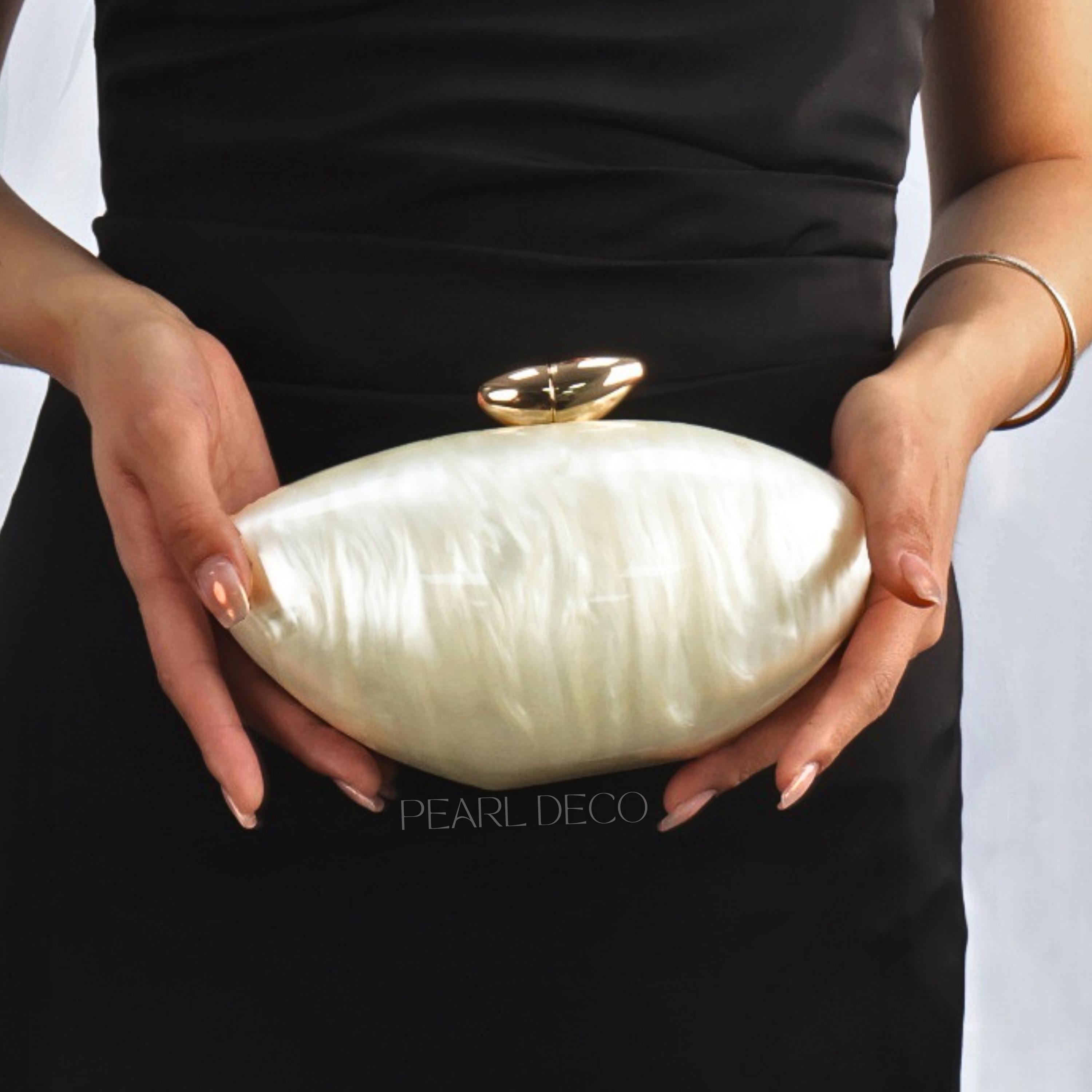 Mother of Pearl Resin Clutch – Tonal White Cream Purse, Handmade Evening Bag, Gold Detailing, Detachable Chain, Sculptural Acrylic Handbag