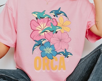 Floral Orca Shirt, Whale T-shirt, Ocean Life Graphic Tee, Retro 90's Top