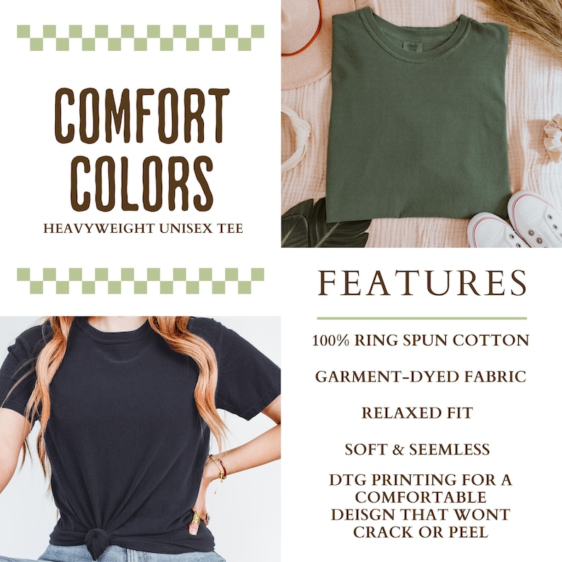 May include: The image showcases a dark green t-shirt and a black t-shirt. Text on the image reads "COMFORT COLORS HEAVYWEIGHT UNISEX TEE" and "FEATURES". Additional text highlights the shirt's features: ring spun cotton, garment-dyed fabric, relaxed fit, soft & seamless.