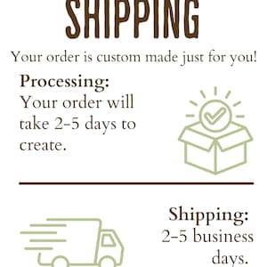 May include: A graphic with the word "SHIPPING" in a brown, bold font. Below, text states orders are custom made. It details processing time as 2-5 days and shipping as 2-5 business days. Illustrations of a box with a checkmark and a delivery truck are included.