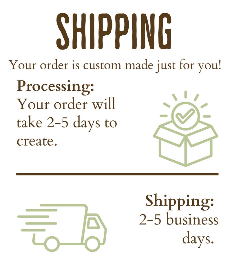 May include: A graphic with the word "SHIPPING" in a brown, bold font. Below, text states orders are custom made. It details processing time as 2-5 days and shipping as 2-5 business days. Illustrations of a box with a checkmark and a delivery truck are included.