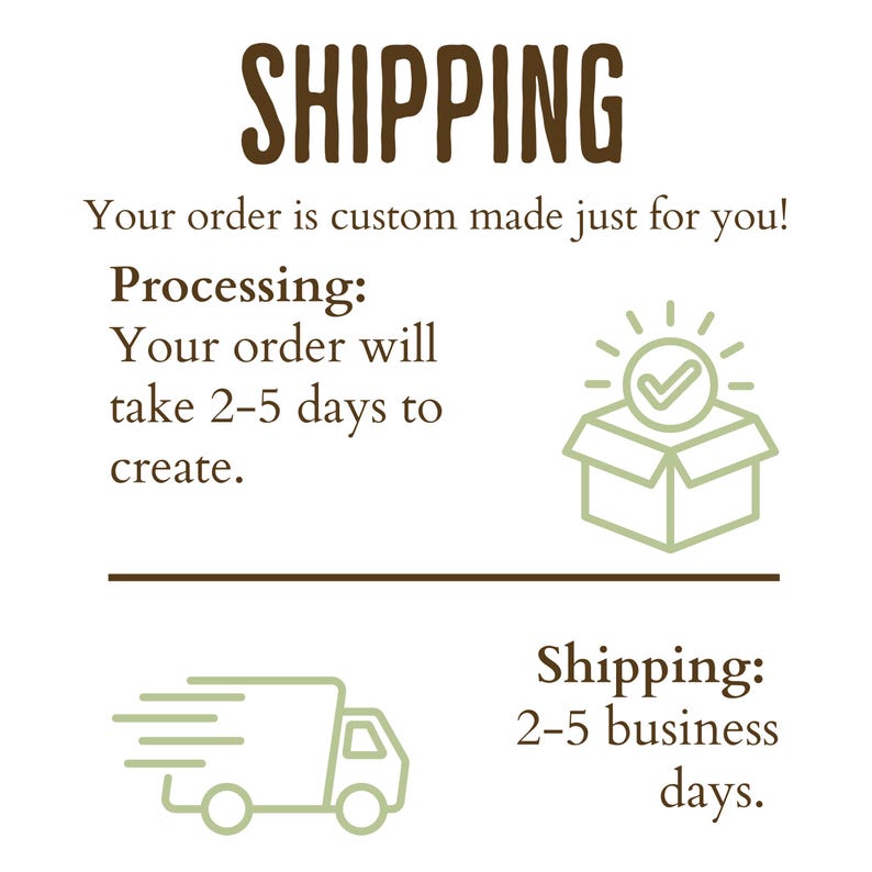 May include: Text graphic with the word "SHIPPING" in a brown, handwritten style font. Below, it states orders are custom made. Includes a box with a checkmark and a delivery truck icon. Text indicates processing and shipping times.