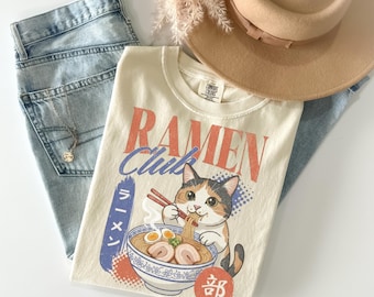 Ramen katt T-shirt, söt kawaii japansk anime kattskjorta, anime katt tee, ramen älskare present, kattälskare present