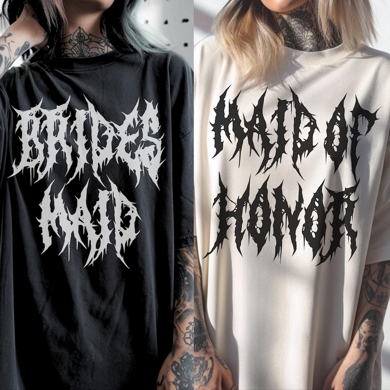 May include: Two t-shirts, one black and one off-white, each with a gothic font design. The black shirt reads "BRIDES MAID" in white. The off-white shirt reads "MAID OF HONOR" in black. Both shirts have a crew neck.