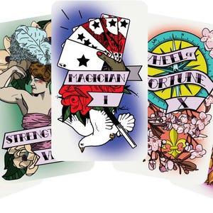 May include: A set of tarot cards with illustrations. The cards show images of keys, a woman flexing, a hand holding playing cards, a compass, and a gem. Each card has a banner with a title and Roman numerals.
