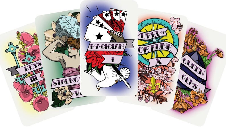 May include: A set of tarot cards with illustrations. The cards show images of keys, a woman flexing, a hand holding playing cards, a compass, and a gem. Each card has a banner with a title and Roman numerals.