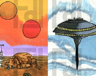 May include: A watercolour illustration split into two scenes. One shows a desert landscape with two suns, a domed building, and a communications tower. The other depicts a floating structure against a cloudy sky. The artwork has a retro sci-fi aesthetic.
