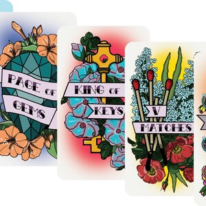 May include: A collection of tarot cards with vibrant illustrations. Each card displays distinct artwork, such as a sun and moon, a gem with flowers, a key with flowers, matches, and horseshoes with roses. The cards have text labels.