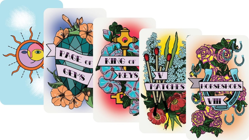 May include: A collection of tarot cards with vibrant illustrations. Each card displays distinct artwork, such as a sun and moon, a gem with flowers, a key with flowers, matches, and horseshoes with roses. The cards have text labels.