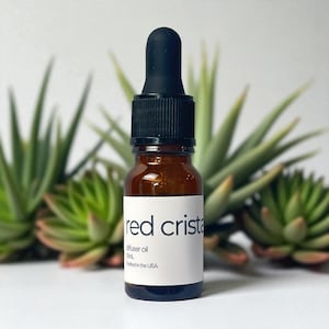 May include: A small amber glass bottle of diffuser oil with a black dropper. The label reads "red crista" in white text. The bottle is surrounded by green succulent plants. The bottle contains 10 mL of oil.