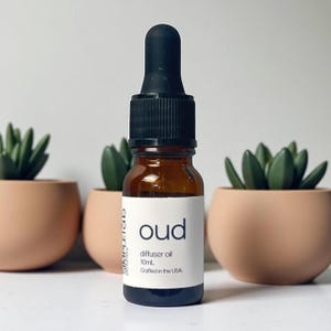 May include: A small amber glass bottle of Oud diffuser oil with a black dropper top. The white label reads "Oud diffuser oil 10ml Crafted in the USA." The bottle is centered, with three small potted succulents in the background.