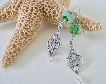Swirled Green Glass Lampwork Bead and Silver Long Dangle Earrings