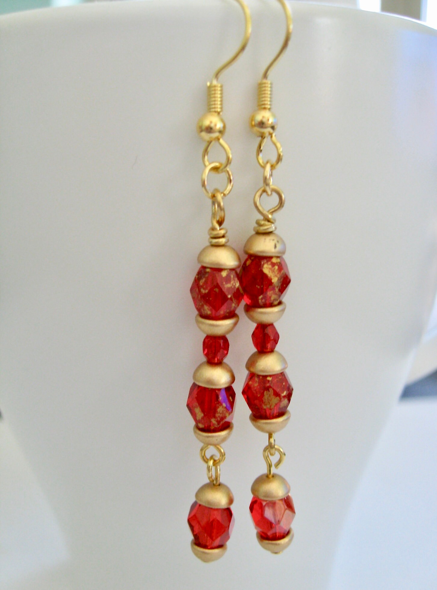 Ruby Red and Gold Long Dangle Earrings - Etsy