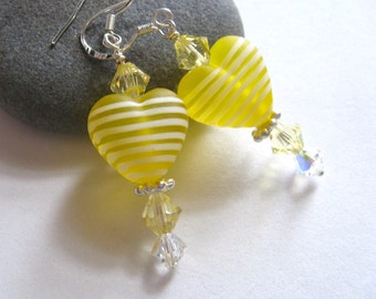 Lemon Drop Yellow Heart Lampwork Earrings