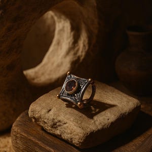 May include: A silver ring with a square face featuring an oval, reddish-brown gemstone. The ring has intricate detailing and gold accents on the corners and band. The ring is displayed on a textured stone surface.