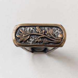 Puede incluir: Un anillo rectangular con un fondo oscuro y texturizado, que presenta un diseño botánico en relieve de tono dorado con hojas y una pequeña baya redonda. El anillo tiene un borde grueso y liso de tono dorado y una estructura de banda plateada.