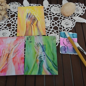 Set di cartoline Healing Hands - 3 cartoline, mani narrative, cartolina acquerellata, illustrazione