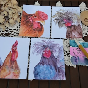 Conjunto de cartões postais Galinhas 1 - 4 peças cartões postais, galinhas, motivos de animais, galo, cartão postal em aquarela, ilustração