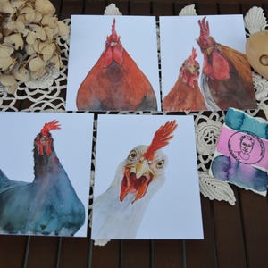 Postcard set Chickens 2 - 4 pcs postcards, chickens, animal motifs, rooster, watercolor postcard, illustration