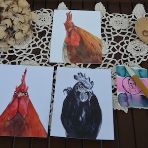 Postcard set Chickens 3 - 3 pcs postcards, chickens, animal motifs, rooster, watercolor postcard, illustration