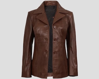 Women's Three Button Cognac Brown Leather Blazer