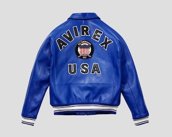 Handmade Men's Blue Flight Avirex Icon Varsity Leather Jacket