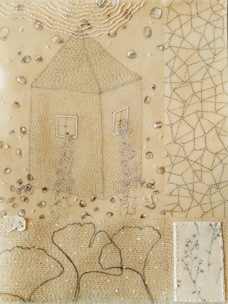 Mixed Media Drawing with Beeswax Collage and Stitching / Notes Etsy